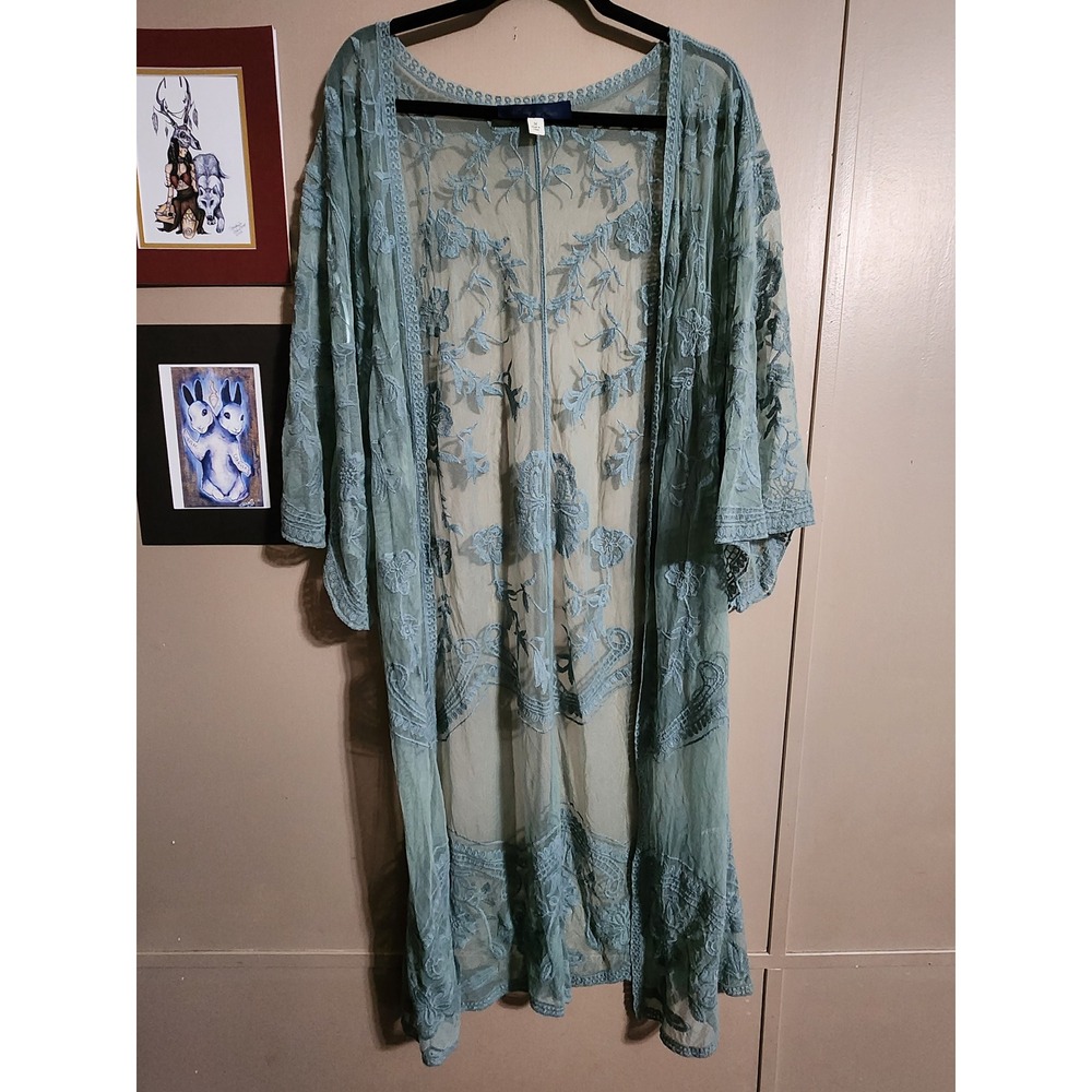 Blue Rain Kimono Floral Embroidery Lace Trim Medium Sage Green